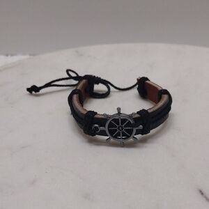 Nautical Wheel Black Leather Bracelet #BA-3
